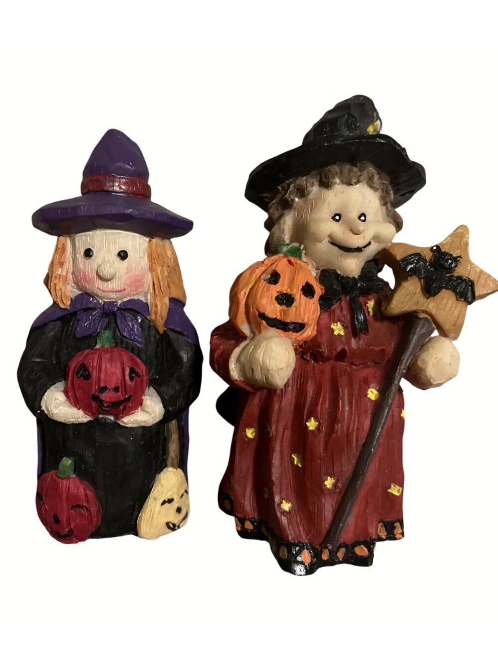 Halloween Witch Figurines Set Of 2 Hand-Painted Resin Pumpkin Decor